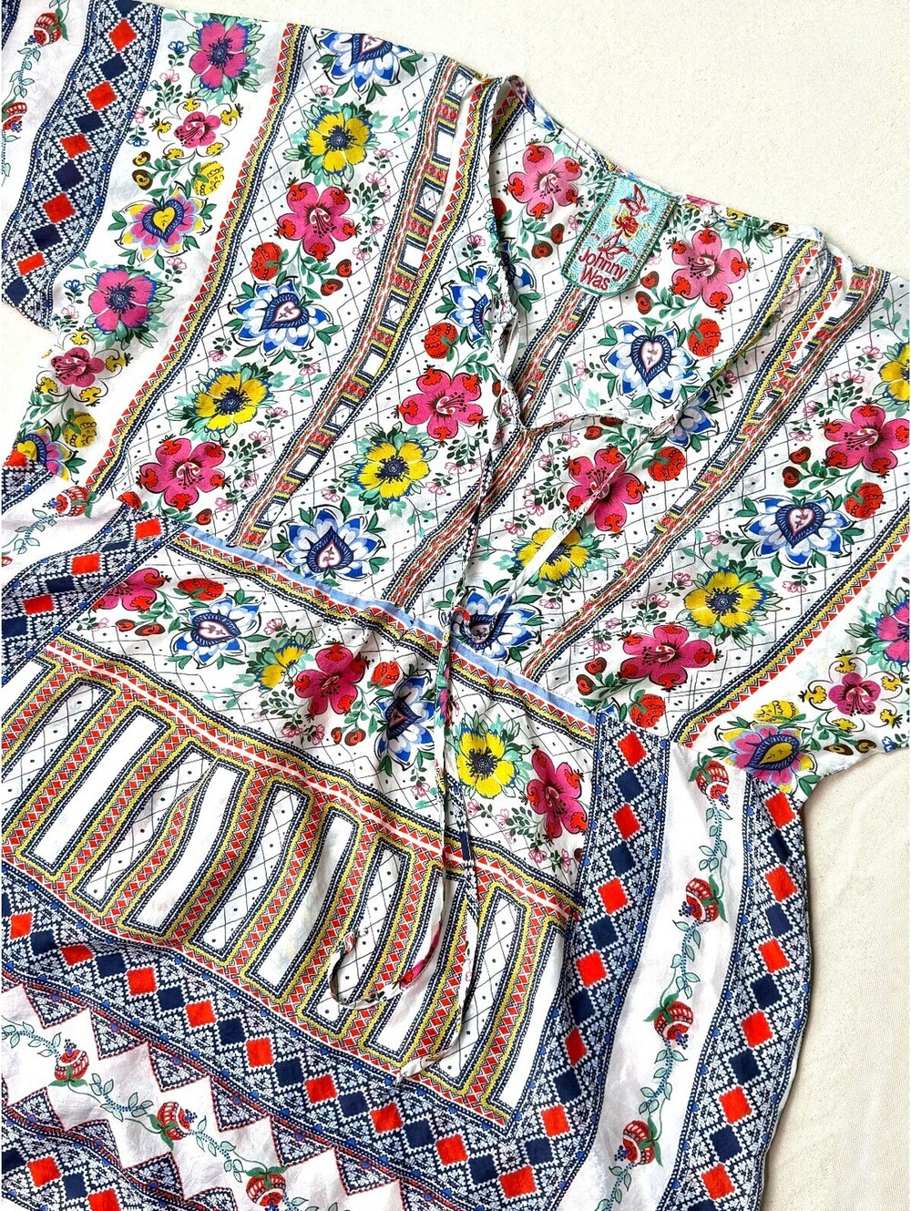 Johnny Was Silk Floral Boho Tunic Blouse Size S Multicolor Geometric Print